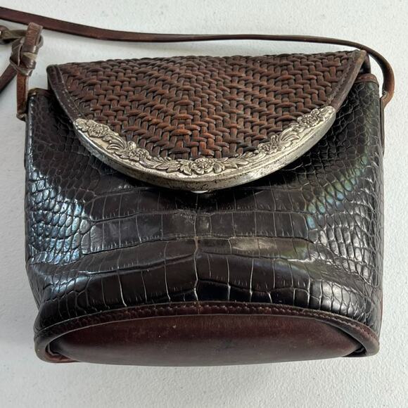 Brighton Crossbody Bag Woven Croc Embossed Brown Leather Metal Detail on Flap - Picture 2 of 16